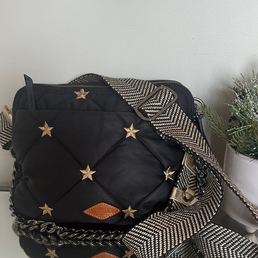 MZ Wallace Bowery Nylon Crossbody Black Quilted Star Embroidered Bag